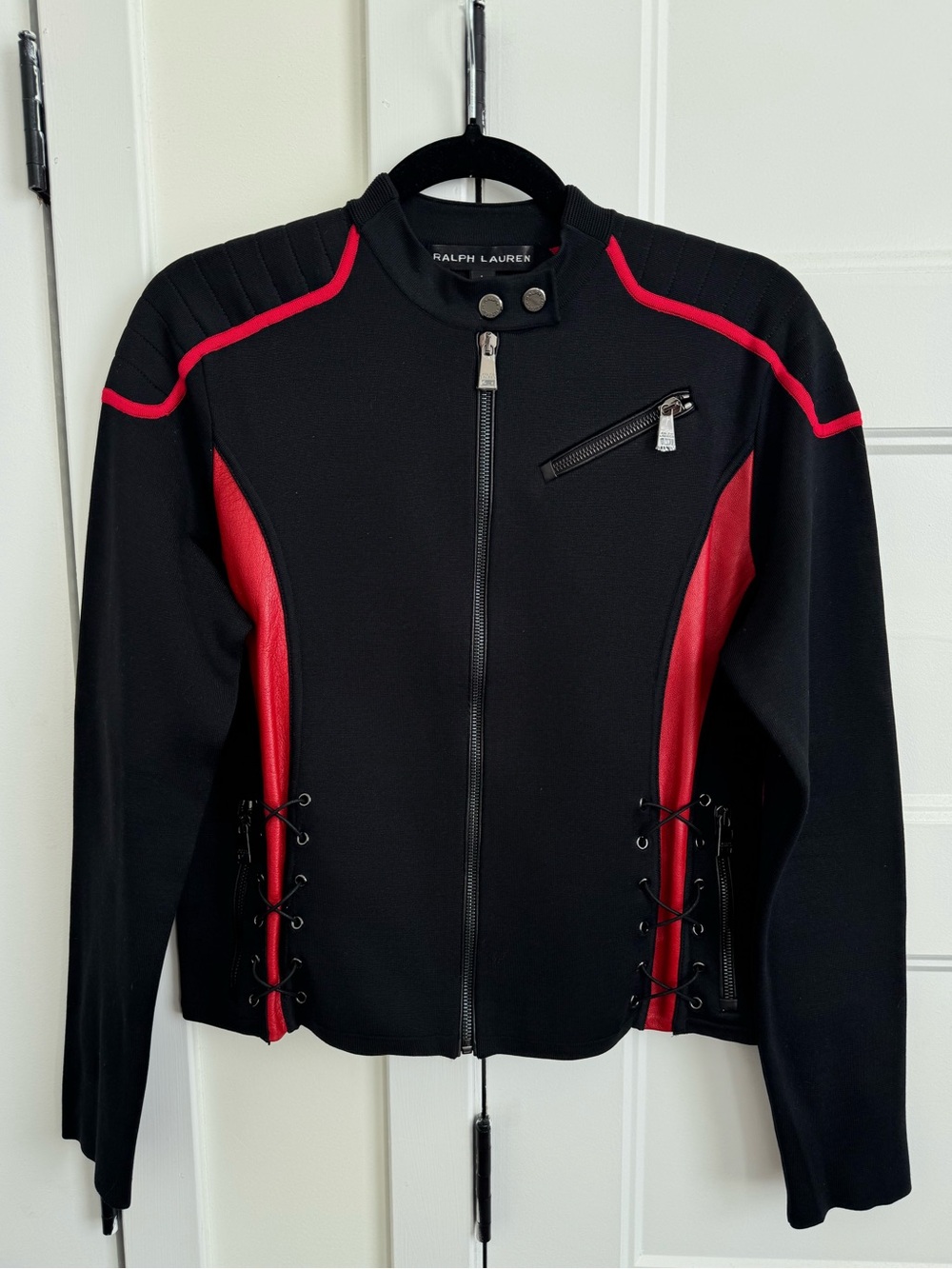 Ralph Lauren Silk Moto Red Leather Accent Racing Jacket w/ Corset Detail NWOT